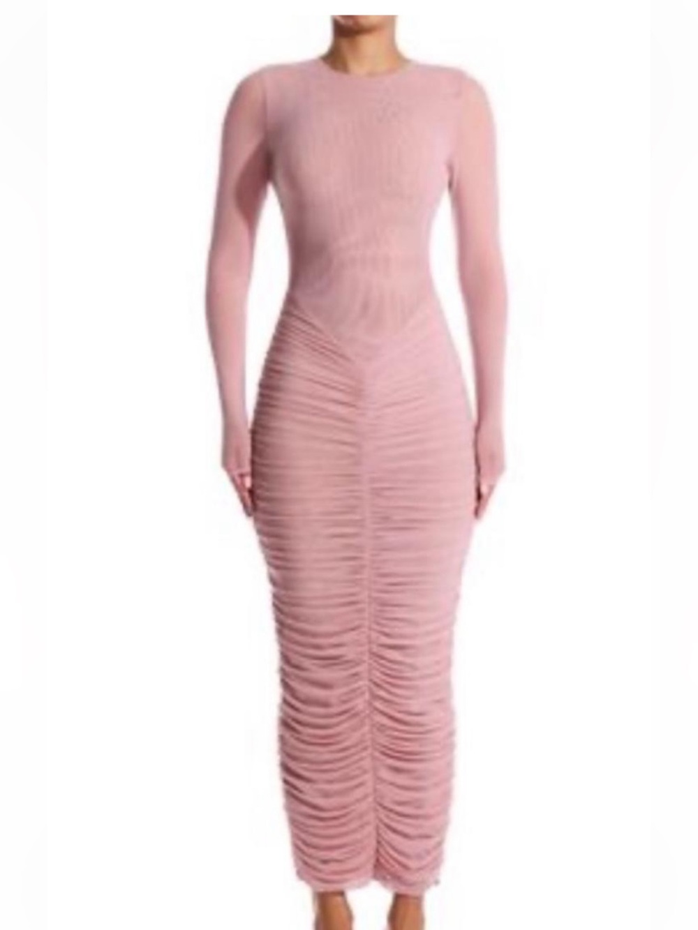Naked Wardrobe Ruched Long Sleeve Maxi Dress in Blush Pink